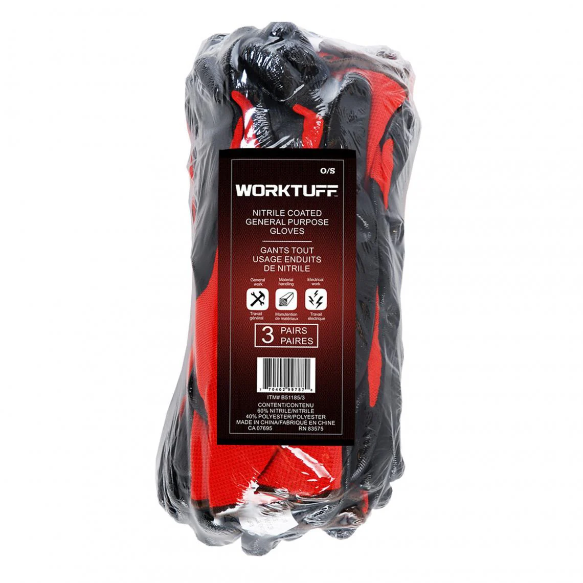 Paquet de 3 gants enduits de nitrile de polyester Worktuff 51185 - Rouge - Image 3